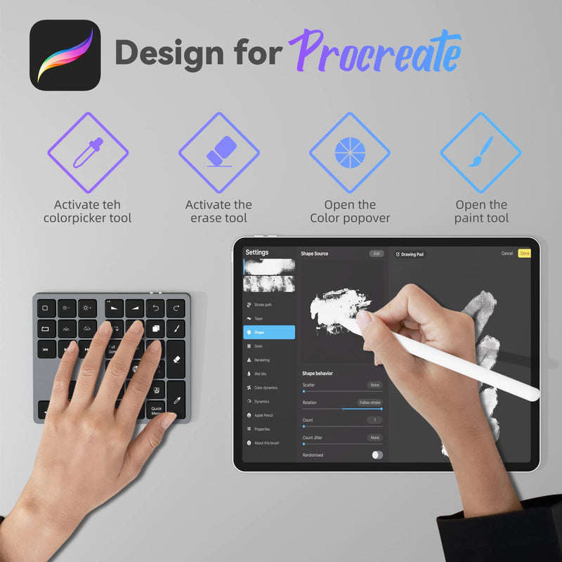 Doohoeek Backlit Buetooth Keypad for iPad Procreate, Rechargeable Keyboard for Procreate and Drawing Shortcuts for iPad and Graphic Tablets, Gray