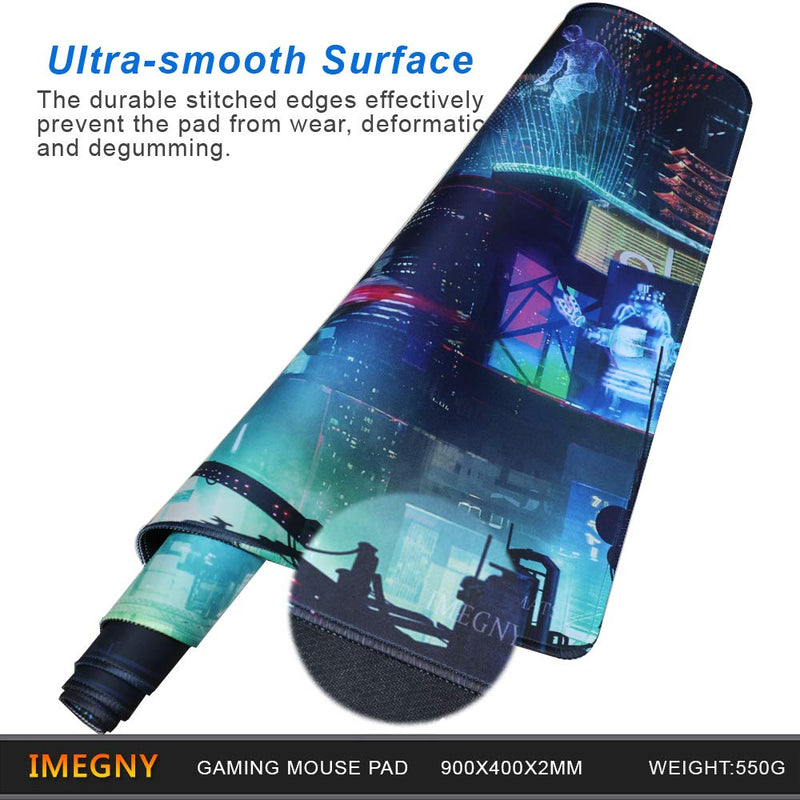 Imegny Extended Gaming Mouse Pad, Portable Mat for Keyboard & Mouse with Stitched Edges + Non-Slip Rubber Base （90x40 Green city005） 90x40 Green City005