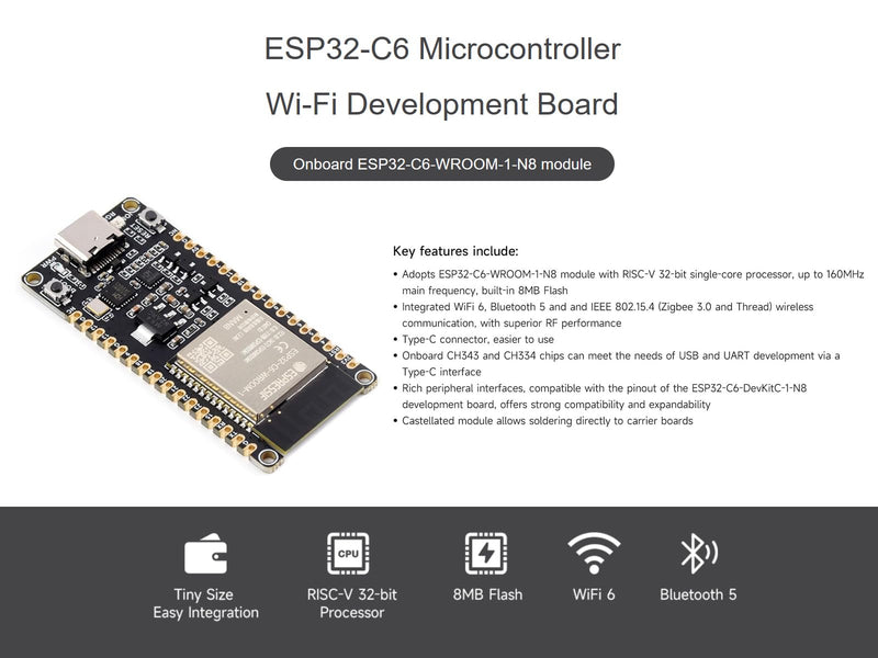 waveshare ESP32-C6 RISC-V Microcontroller Development Board Integrated WiFi 6, Bluetooth 5 and IEEE 802.15.4 (Zigbee 3.0&Thread), Adopts ESP32-C6-WROOM-1-N8 Module, Support USB and UART Development
