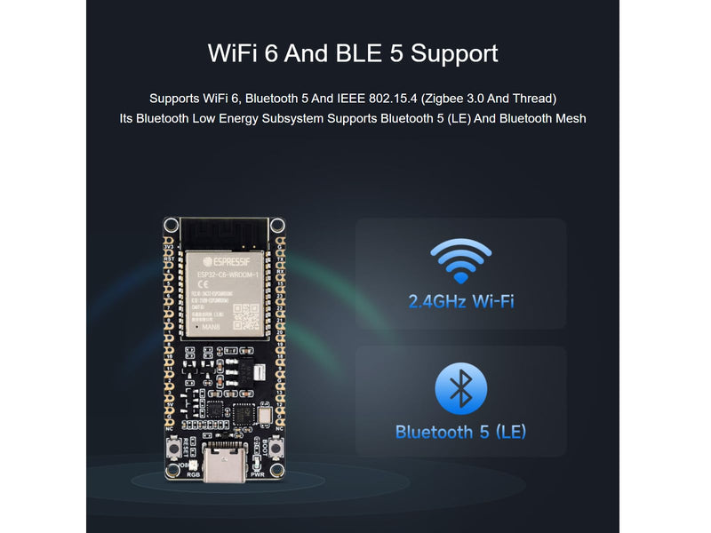 ESP32-C6 Microcontroller WiFi 6 Development Board ESP32-C6-WROOM-1-N8 Module with RISC-V 32-bit Sngle-core Processor, WiFi 6+Bluetooth 5+IEEE 802.15.4 Wireless Communication