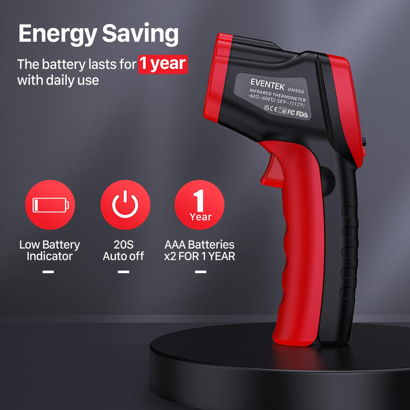 Eventek Infrared Thermometer Gun -50 ° C ~ 600 ° C (-58 ° F ~ 1112 ° F), Non-Contact Laser Thermometer Gun for Cooking, Pizza Oven, Fridge, Temperature Gun with Adjustable Emissivity(NOT for Humans) Red -50°C~600°C (-58℉~1112℉)