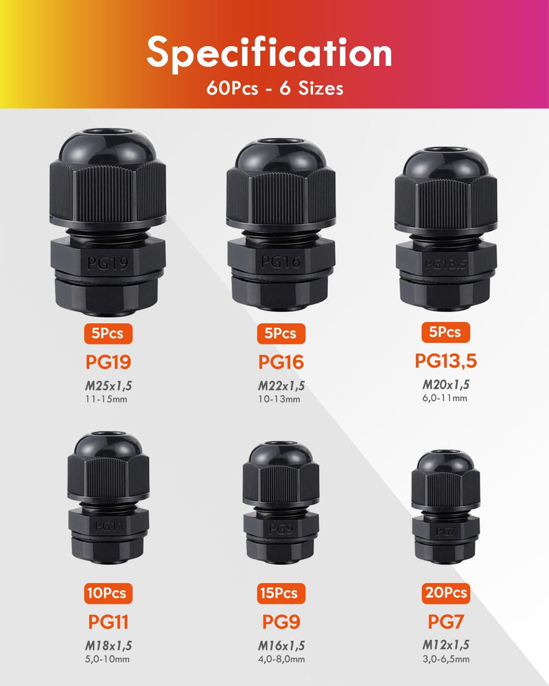 [AUSTRALIA] - Cable Gland Set with Seals, Gorffy 60 Pieces IP68 Cable Grommet Waterproof PG7 PG9 PG11 PG13.5 PG16 PG19, Cable Glands for Outdoor Garden, Plastic Nylon Cable Grommets 60 Stück 