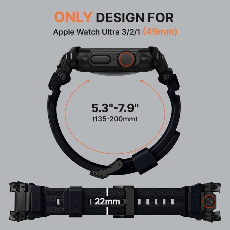 Bandletic Sport Bands Compatible with Apple Watch Ultra 3 2 1 49mm Band Men | Soft Silicone Strap with Screen Protector, Stainless Steel Connector, Only Fit for iWatch Ultra 49mm bands, Black/Black