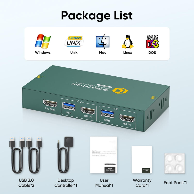 Greathek 8K@60HZ HDMI KVM Switch 2 Computers 1 Monitor | 2 Port USB 3.0 KVM Switch Share Keyboard&Mouse|EDID Adaptive|Wired Remote Controller|Home Office / Gaming Setup Navy Blue