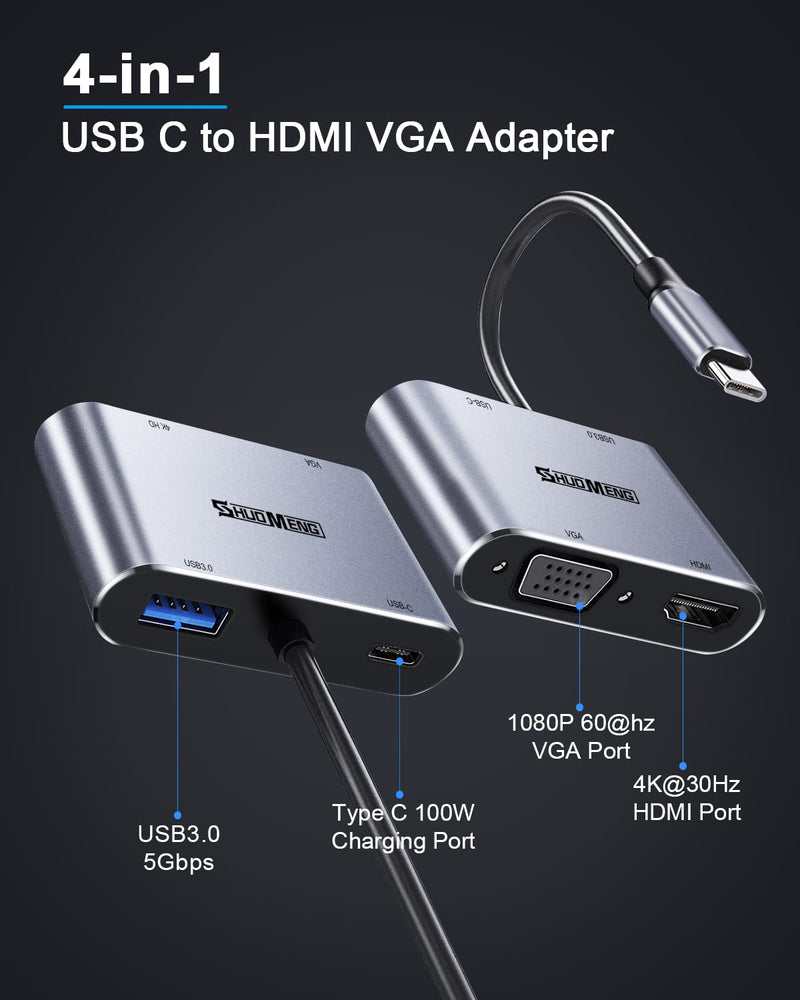 USB C to HDMI VGA Adapter, Shuomeng 4 in 1 USB-C to HDMI Adapter (Thunderbolt 3 Compatible) Hub Compatible for MacBook Pro/Air/ipad Pro 2018-2020, Dell, XPS,Samsung Galaxy S20 S10,Other Type-C Device [4 in 1] HDMI/VGA/PD/USB