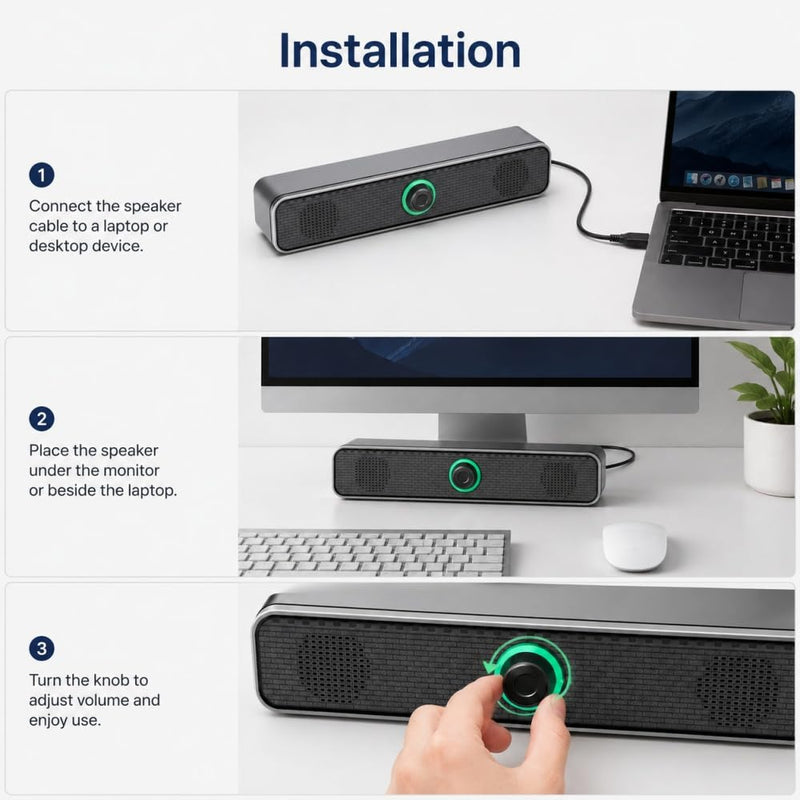 USB Computer Speaker Long Strip Wired Desktop Sound Bar with Knob Volume Control for Laptop PC Office Gaming Streaming Home, Black