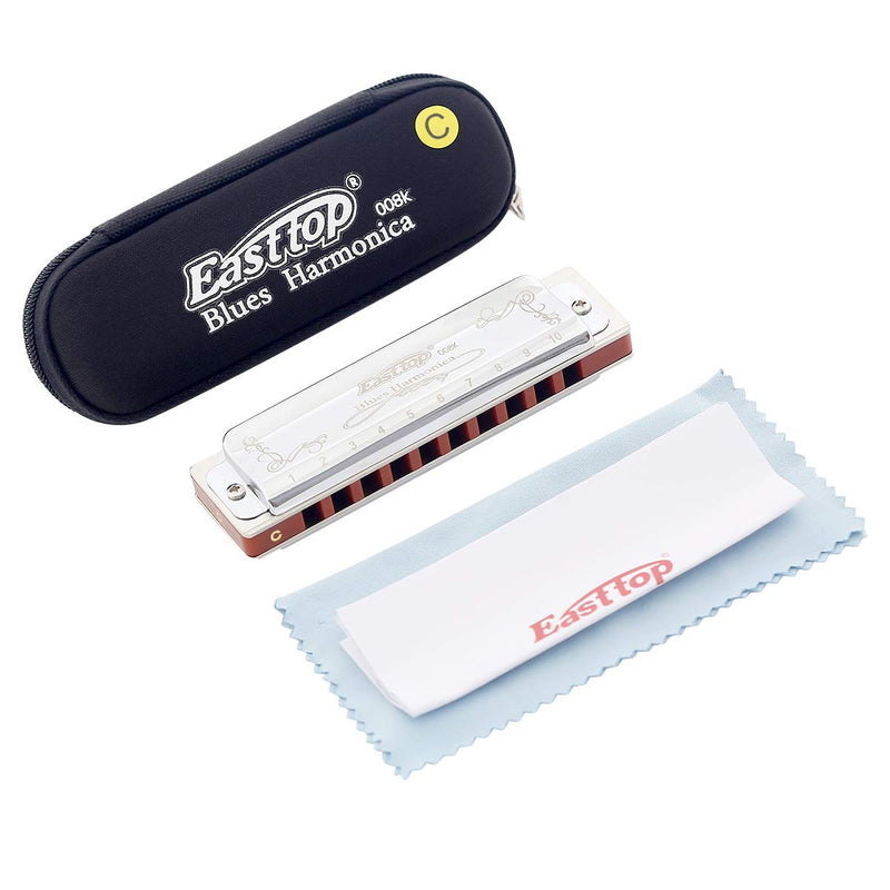 East top Harmonica Key of C 10 Holes 20 Tones 008K Blues Diatonic Mouth Organ with Silver Cover, Deluxe Harmonica C For Adults, Professionals and Students as gift silver-C