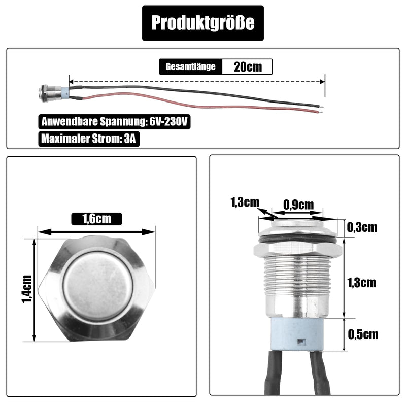 [AUSTRALIA] - Powice 2 x 12 mm waterproof switch, pressure switch, self-locking stainless steel button switch, 12 V/230 V, suitable for horns, car bells, cars etc. with 20 cm connection cable (protruding) Protruding self-locking switch 