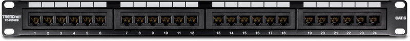 TRENDnet 24-Port Cat6 Unshielded Patch Panel, Wallmount or Rackmount, Compatible with Cat3,4,5,5e,6 Cabling, For Ethernet, Fast Ethernet, Gigabit Applications, Black, TC-P24C6 24 Port Patch Panel