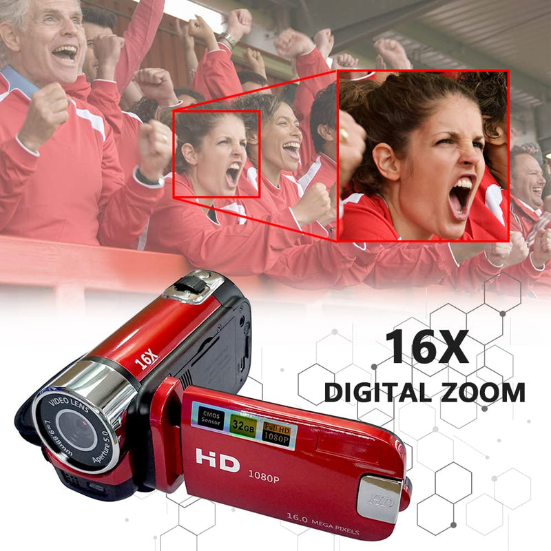 Andoer Portable 1080P High Definition Digital Video Camera DV Camcorder 16MP 2.7 Inch LCD Screen 16X Digital Zoom Built-in Battery Red