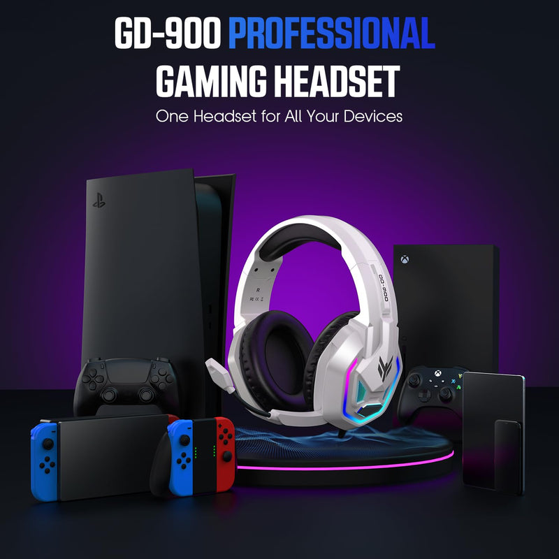 [AUSTRALIA] - YPBDAN Gaming Headset for PS5, PS4, Xbox Series X|S, Xbox One, PC, Switch, Mac - RGB Over-Ear Headphones with 7.1 Surround Sound, Noise Cancelling Mic, 50mm Drivers & Memory Earmuffs for Nintendo 64 White 