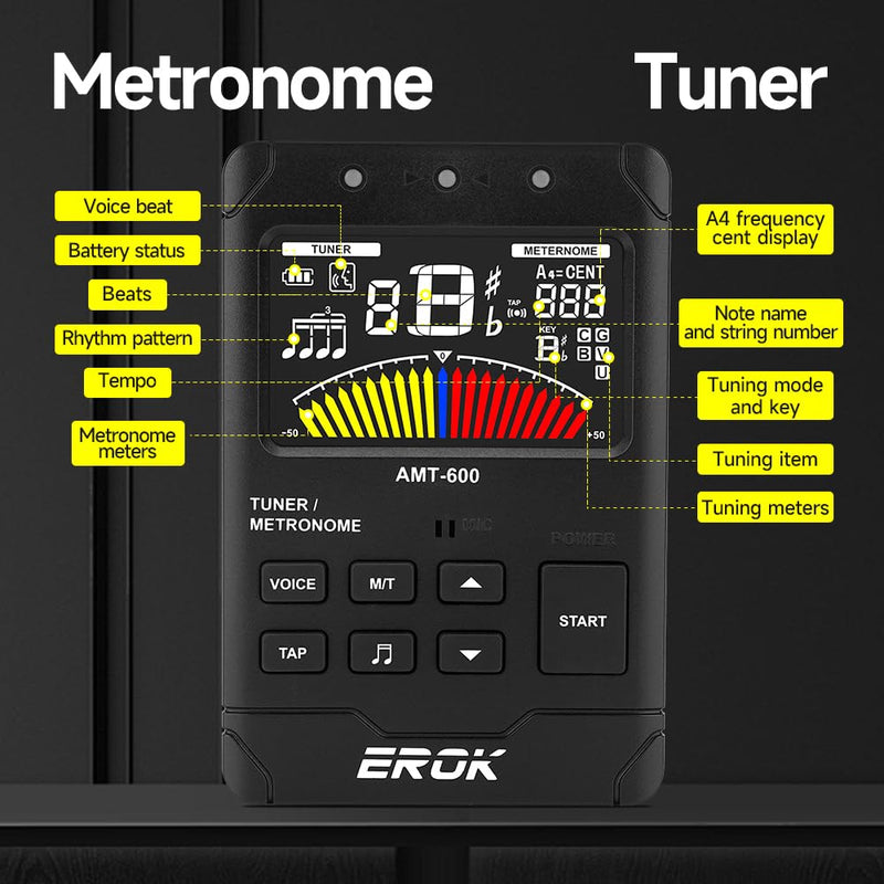 EROK Digital Metronome & Tuner - All-in-One Rechargeable Device with Stereo Headphone Output, Voice Counting, Ideal for Guitar, Bass, Violin & String Instruments(Black) Black
