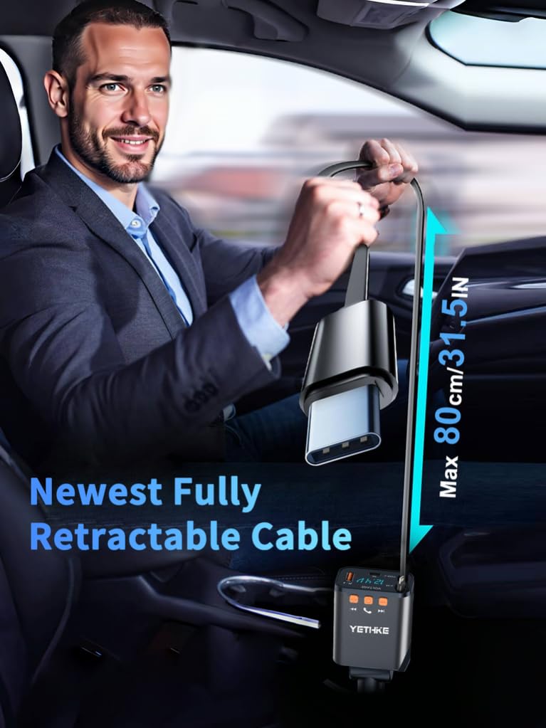 [AUSTRALIA] - Bluetooth Car Adapter with Retractable Charger, FM Transmitter Bluetooth 5.4 for Cars, 4 in 1 Fast Car Phone Charger 69W, Handsfree Call, 2*Retractable Cable for iPhone 17/16/15/14, Galaxy-Black Black 