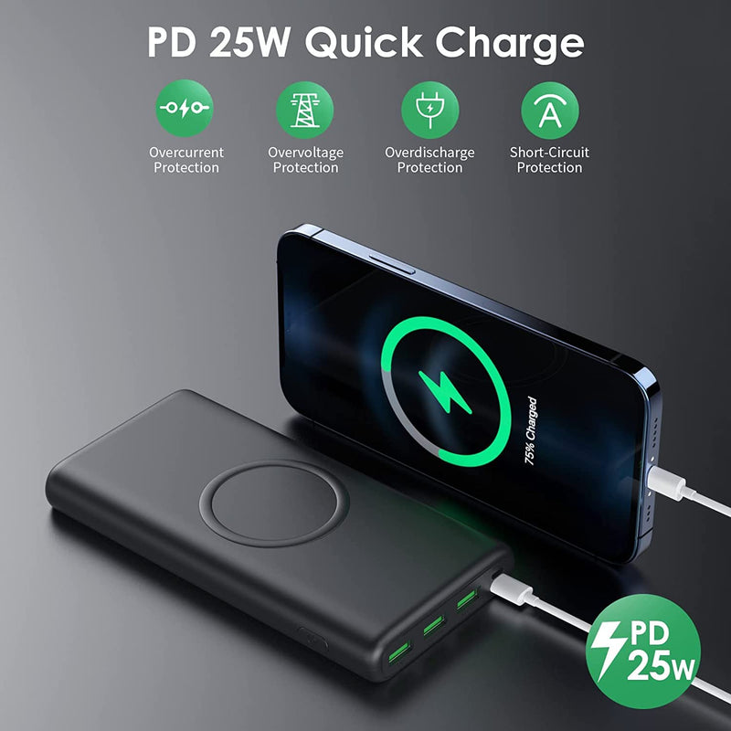 Wireless Portable Charger Power Bank, 33800mAh 15W Fast Wireless Charging 25W PD QC 4.0 USB-C Power Bank, 5 Output & Dual Input External Battery Pack Compatible with iPhone 15/14/13/12/11,Android etc Black
