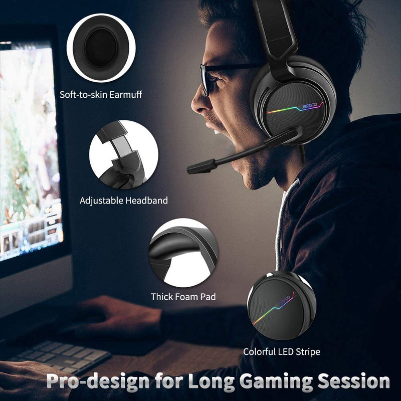Jeecoo USB Pro Gaming Headset for PC - 7.1 Surround Sound Headphones with Noise Cancelling Microphone- Memory Foam Ear Pads RGB Lights for Laptops