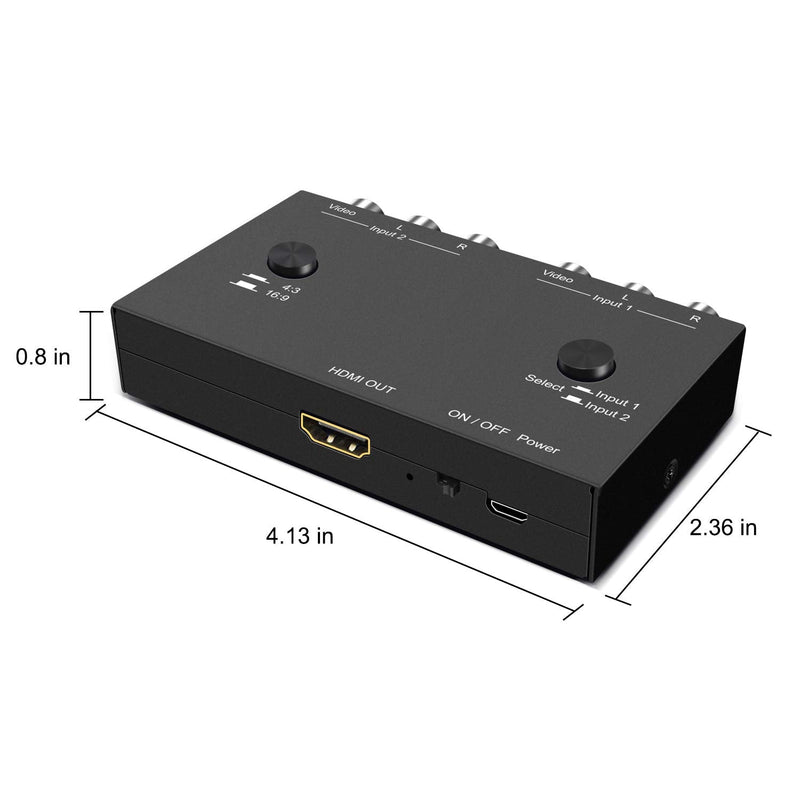 2 Port RCA/AV to HDMI Converter Adapter Support 16:9/4:3 for WII/N64/PS1/PS2/PS3/VHS/VCR/DVD Players etc(2 AV in 1 HDMI Out) 2Port AV to HDMI Converter