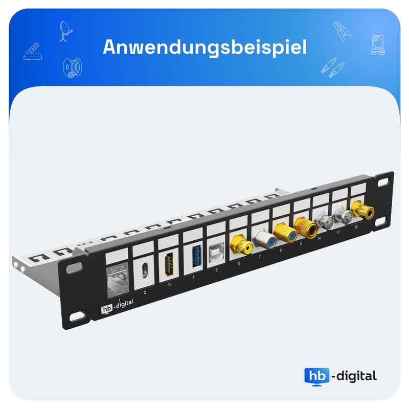 hb-digital 12 Port Patch Panel Distribution Panel Patch Panel Modular for RJ45 Keystone Module 10 Inch CAT 5 CAT 6 CAT 7 for Network Cabinet LAN Professional TIA568A TIA568B Switch Earth Cable - Black