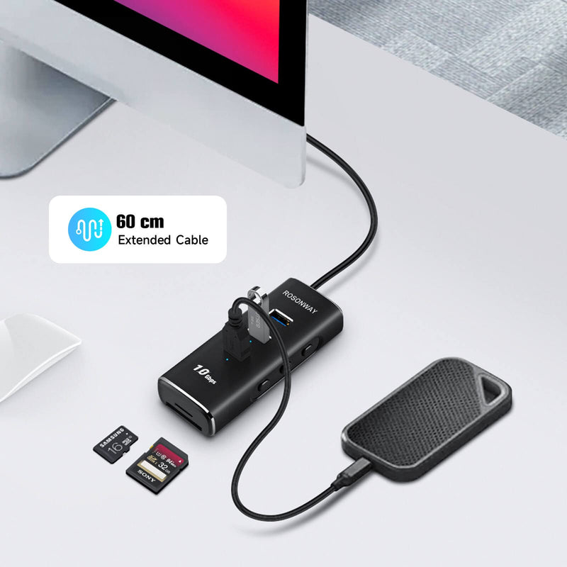 Rosonway 5 in 1 USB C Hub with 3 USB 3.2 10Gbps Data Ports, SD/TF Card Readers, 2ft Cable and Individual Switches, for PC, Laptops, M1 Mac Mini, iMac, MacBook Pro/Air, RSH-A104D