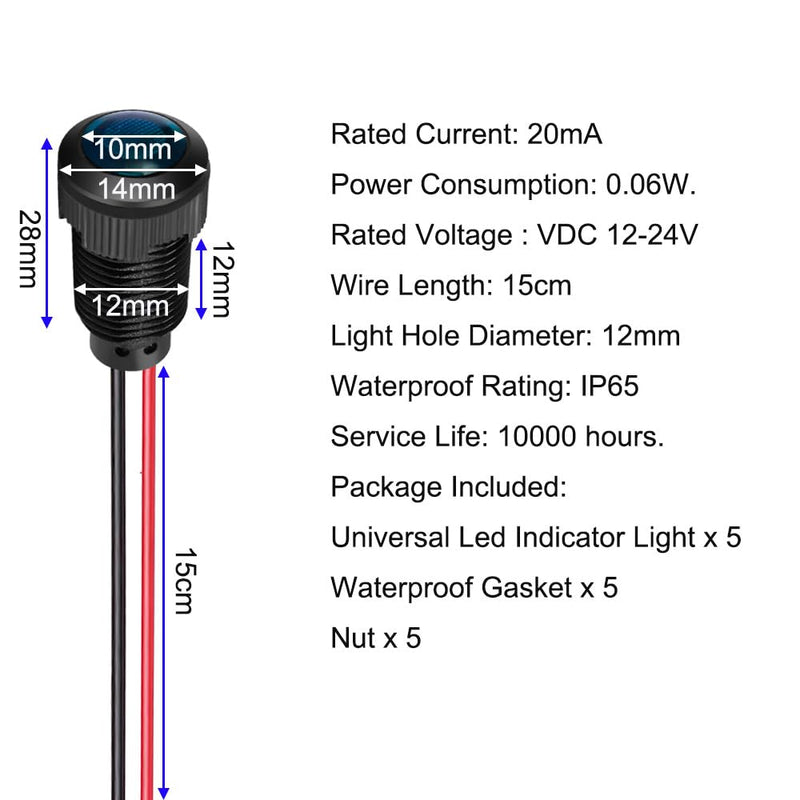 5pcs LED Plastic Indicator Pilot Light AC/DC 12-24V Mounting Hole Size 12mm(Blue) blue/AC/DC 12-24V/black shell
