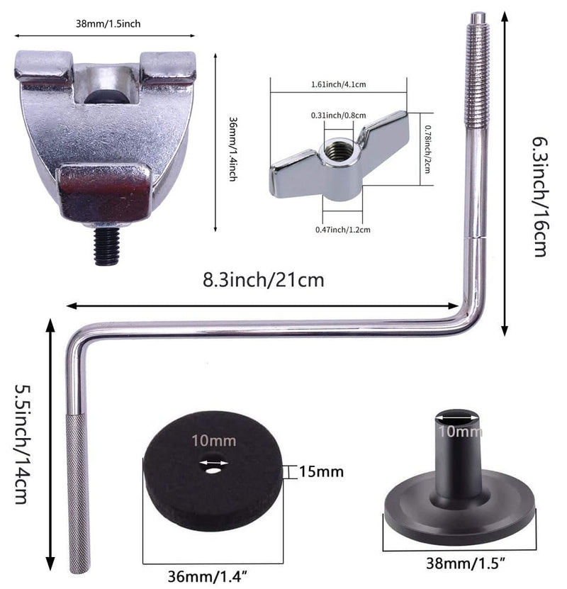 Bass Drum Hoop Mount Cymbal Holder Clamp with Z-Rod for Drum Set Extension Accessories include Felt Pads, Sleeves, Wing Nuts 10pcs