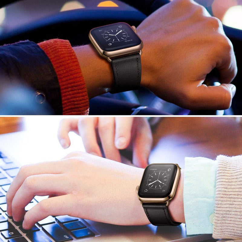OUHENG Compatible with Apple Watch Band 42mm(Series 10) 41mm 40mm 38mm, Genuine Leather Band Replacement Strap Compatible with Apple Watch (Black+Black/Bronze Gold)