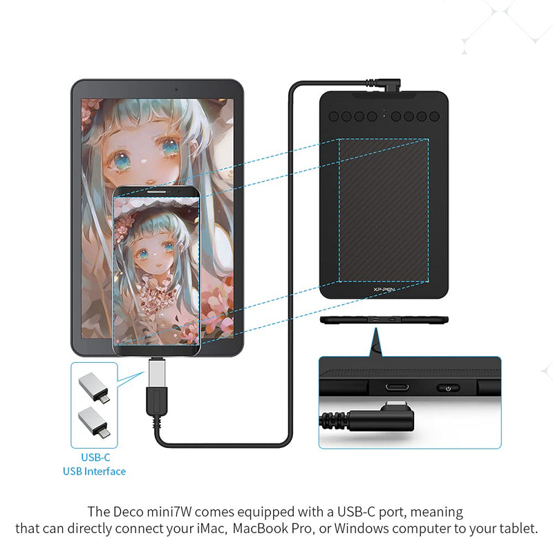 Drawing Tablet-XPPen Deco mini7W 7 x 4 inch Bluetooth 5.0 Graphic Tablet Pen Tablet with 16394 Levels Pressure,for Online Teaching/E-Learning Compatible with Window/Mac/Android/Chrome/Linux 7 Inch