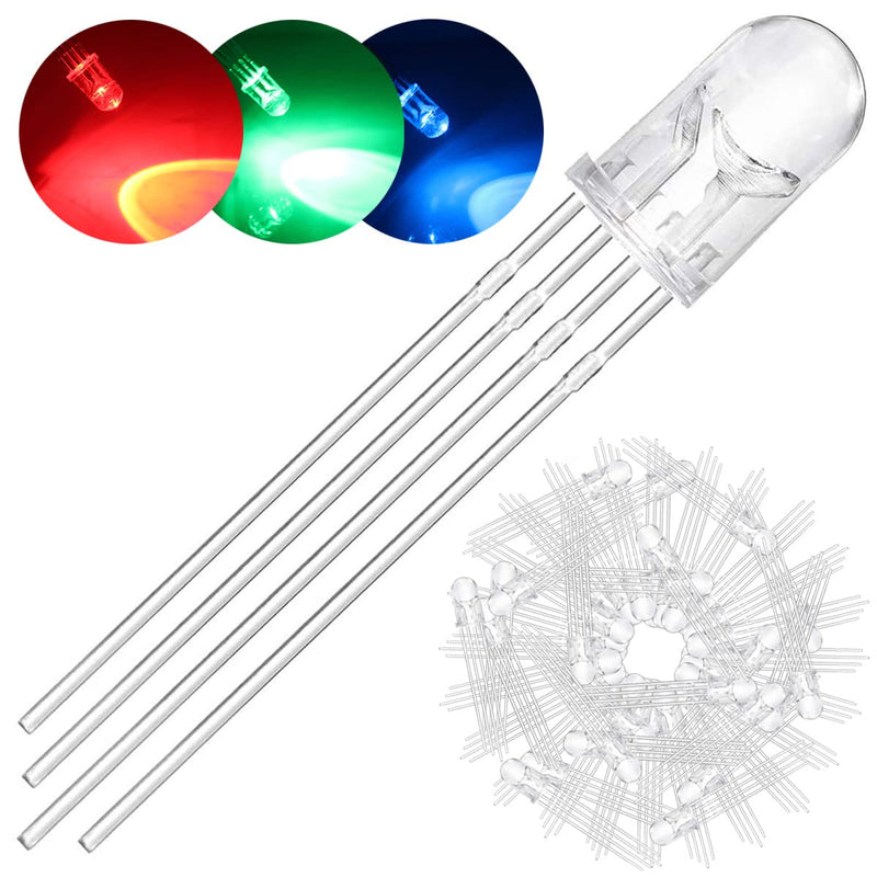 100Pack 5mm LED Light Emitting Diode Common Anode DC 3V 20mA RGB Tri-Color(Red/Green/Blue) 4Pin Clear Transparent Round LED Buld Lamps Electronics Components for Arduino Transparent Common Anode