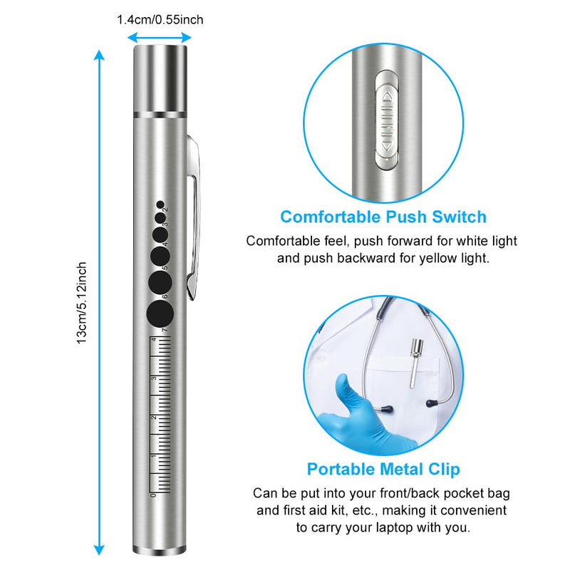 Flintronic 2 x Pupil Light Medicine, Diagnostic Light Nurse Emergency Service Accessories, with Pupil Meter & Ruler, Rechargeable USB LED Pen Lamp for Nurses, Students, Doctors 2pcs-silver