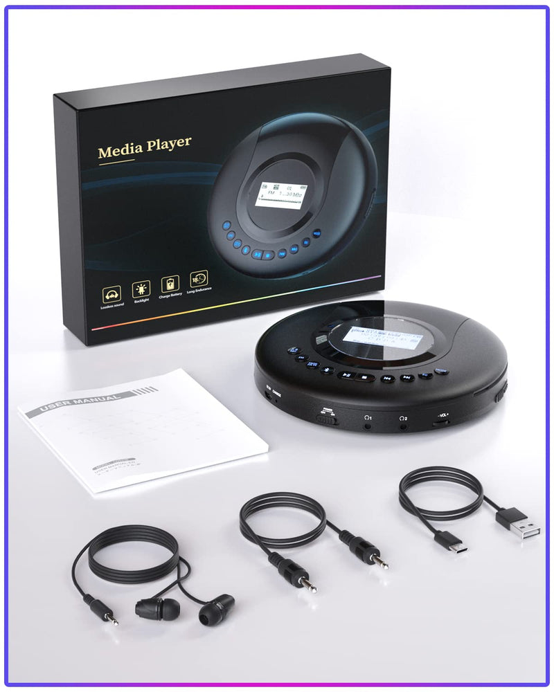 CD Player Portable ARAFUNA, Portable CD Player Bluetooth with FM Radio, 2000mAh Rechargeable CD Player for Car with LCD Screen, Anti Shock Protection Walkman CD Player with Headphone, AUX Cable Black