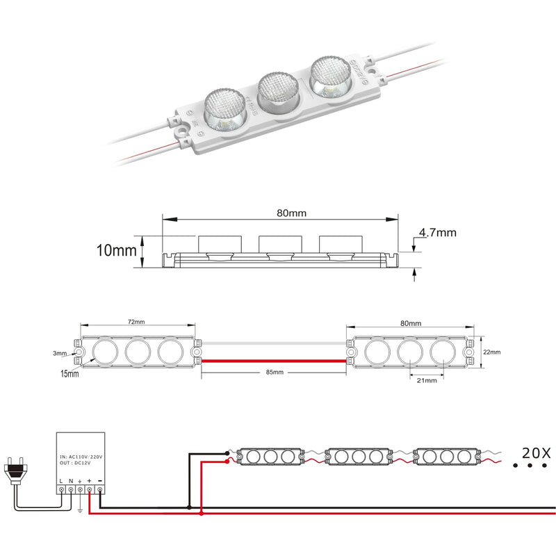 VIMLED 12 V LED Module for Edge Irradiation - 20 Pieces of 3 W / 240 lm in Warm White - IP67 Waterproof SMD LED Injection Modules as Backlight in Advertising Technology