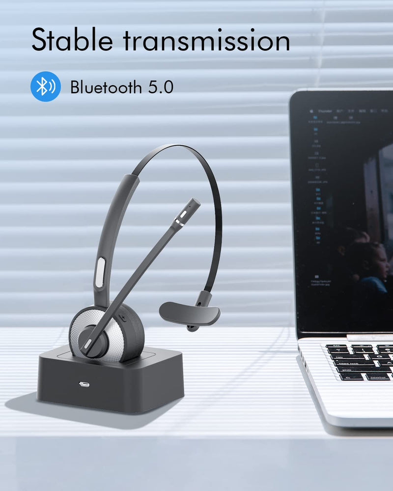 HUAKUA Bluetooth Headset with Microphone, Single Ear Trucker Headset Noise Cancelling Wireless Headset with Mute Function Clear Sound for Cell Phones PC Laptop Home Office (Headset)