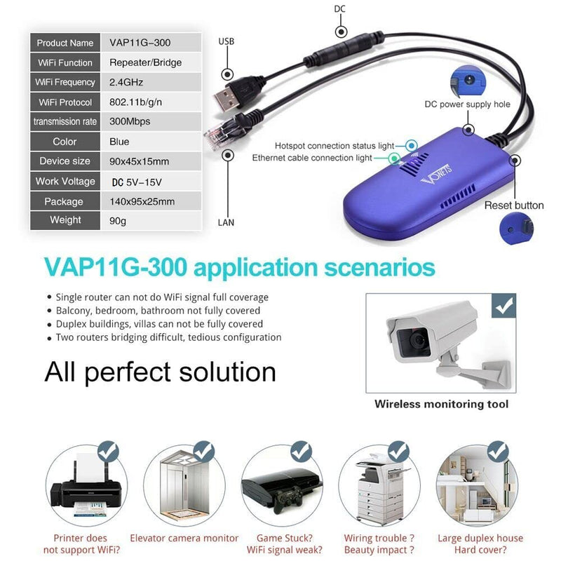 [AUSTRALIA] - VONETS WiFi to Wired WiFi Bridge Ethernet/Signal Repeater Mini Industrial 2.4GHz 300Mbps 1 RJ45 Male USB/DC Powered for Monitoring,Electronic Scales,IP Printer,Robots,Medical Devices VAP11G-300 2.4G Bridge 