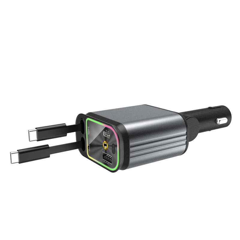 4 in 1 Car Charging Adapter with Star Projector Light Retractable Cable Double USB C & USB A Fast Car Charging for Phone