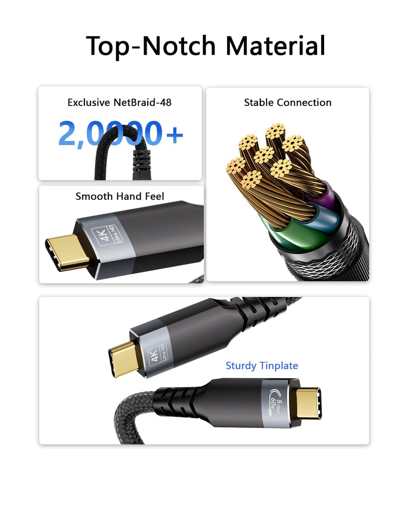 33ft Long USBC Cable,5Gbps Data Transfer,60W Fast Charging,4K@60Hz Video Output,Black Nylon Braided USB C Cable with Gold-Plated Connectors,Compatible with Laptop,Monitor, Docking Station, 10