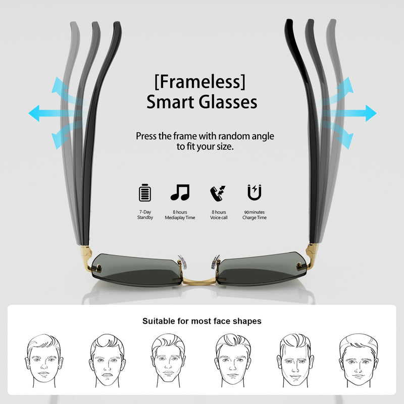 Smart Glasses, Bluetooth sungglasses, frameless lenses, built-in microphone and speaker, Athletic/Outdoor UV Protection and Voice Control,Unisex