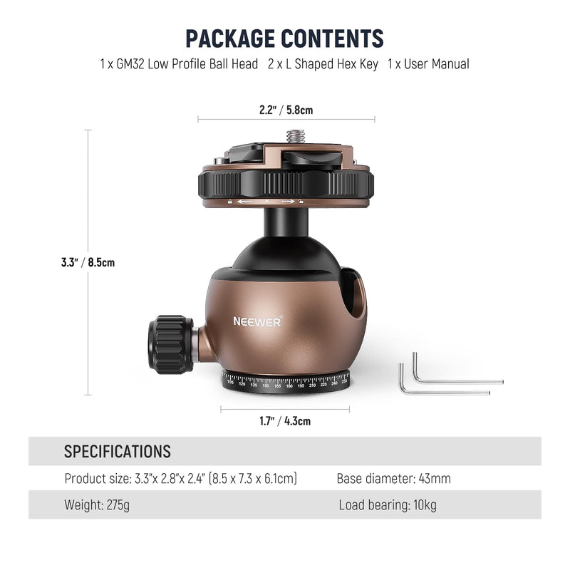 NEEWER Tripod Ball Head Mount Adapter, Low Profile Tripod Head Camera Ball Mount, Quick Lock with 1/4" QR Plate Compatible with Peak Design Capture Camera Clip, 360° Pan 90° Tilt, Max Load 22lb, GM32