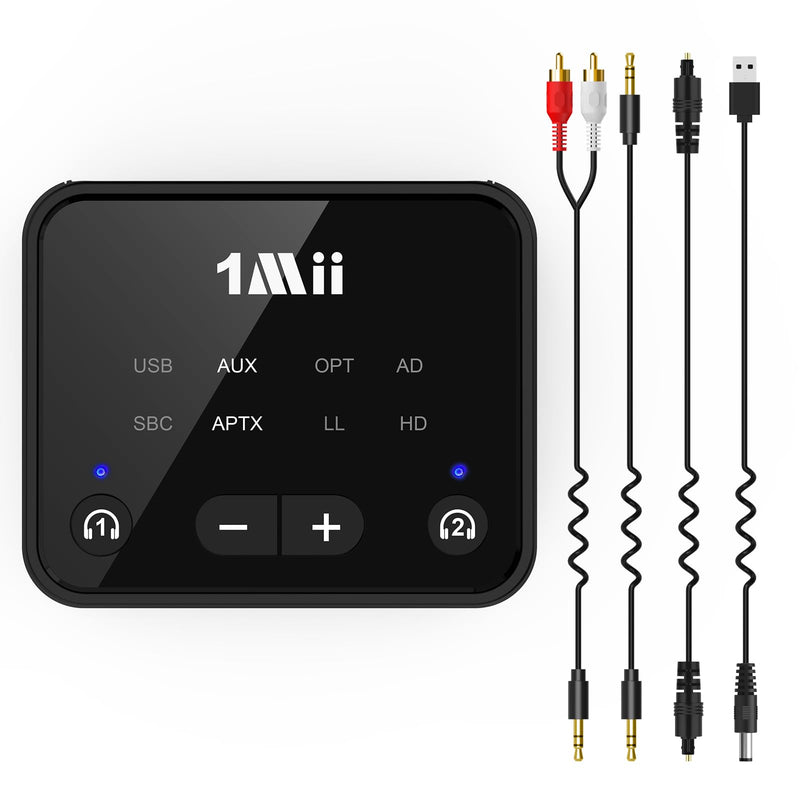 1Mii Bluetooth 5.3 Transmitter for TV to 2 Wireless Headphones, Long Range 100ft Bluetooth Adapter for TV aptX Adaptive & HD/Volume Control, Optical/USB/AUX/RCA Audio Inputs