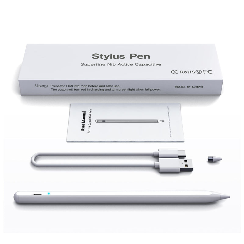 Stylus Pen, Active Stylus Pen Compatible for iOS and Android Touchscreens/Phones, Rechargeable Stylus Pen with Dual Touch Screen , Stylus Pencil for Apple/Android/Samsung Tablet, 16.5CM,White White