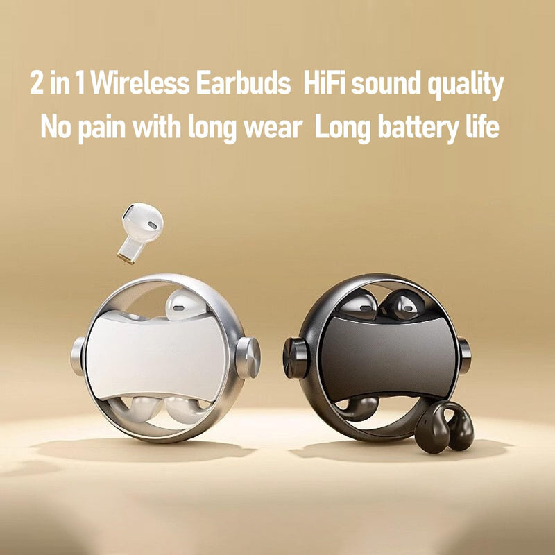 Tangxi 2-in-1 Clip on Open Ear Headphones Wireless Earbuds, Bluetooth 5.3 Couple Earbuds with Clear HiFi Sound, Noise Reduction, IPX5 Water Proof, 140H Playtime (Black) Black