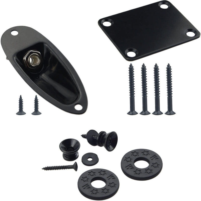 1/4"(6.35mm) Black Oval Guitar Input Output Jack Plate Socket,Guitar Neck Joint Ferrules Bushings with Screws for Fender Strat Tele Guitar or Bass,2PC Guitar Strap Buttons with Strap Blocks