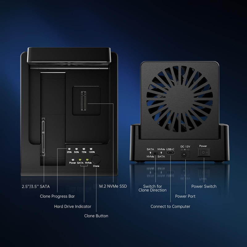 FIDECO Hard Drive Docking Station for M.2 NVMe SSD and 2.5"/3.5" SATA HDD with Bidirectional Offline Clone, M.2 NVMe to USB Adapter Cloner, SSD Reader with Foldable Cooling Fan