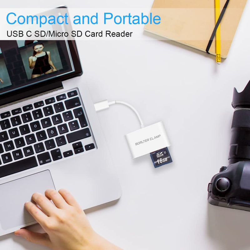 SD Card Reader, BorlterClamp USB C SD Card Reader, Micro SD TF Card Reader, USB C to SD Memory Card Reader Adapter, Compatible with MacBook, Laptops, Galaxy Phones and More