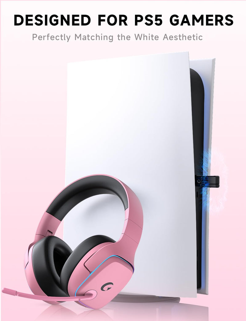 Gvyugke 2.4GHz Wireless Gaming Headsets for PS5, PS4, PC, Switch, BlushPink | Bluetooth 5.3 Gaming Headphones with Noise Canceling Mic, 7.1 Surround Sound, 70H Battery, Blue Lighting Blush Pink