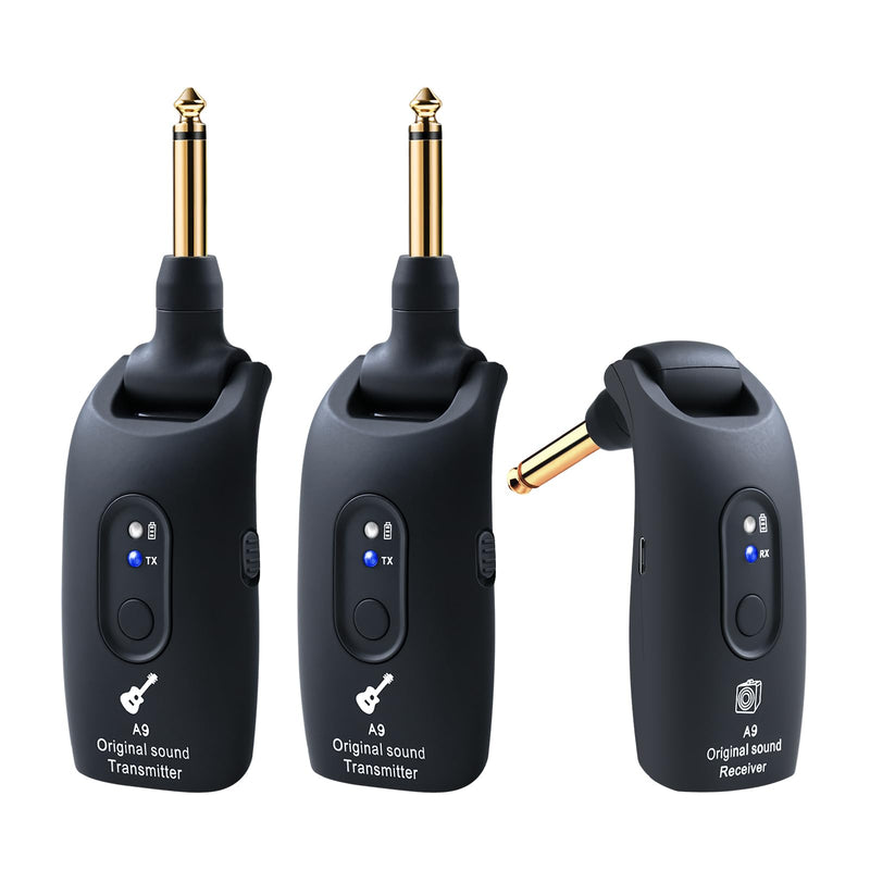[AUSTRALIA] - A9 Wireless Guitar System - 2.4GHz Guitar Accessories Transmitter Receiver, 24-bit 48KHz Audio, 100ft Range, No Latency, 4-Hour Rechargeable Battery, for Electric Bass (Black(2TX+1RX)) Black 