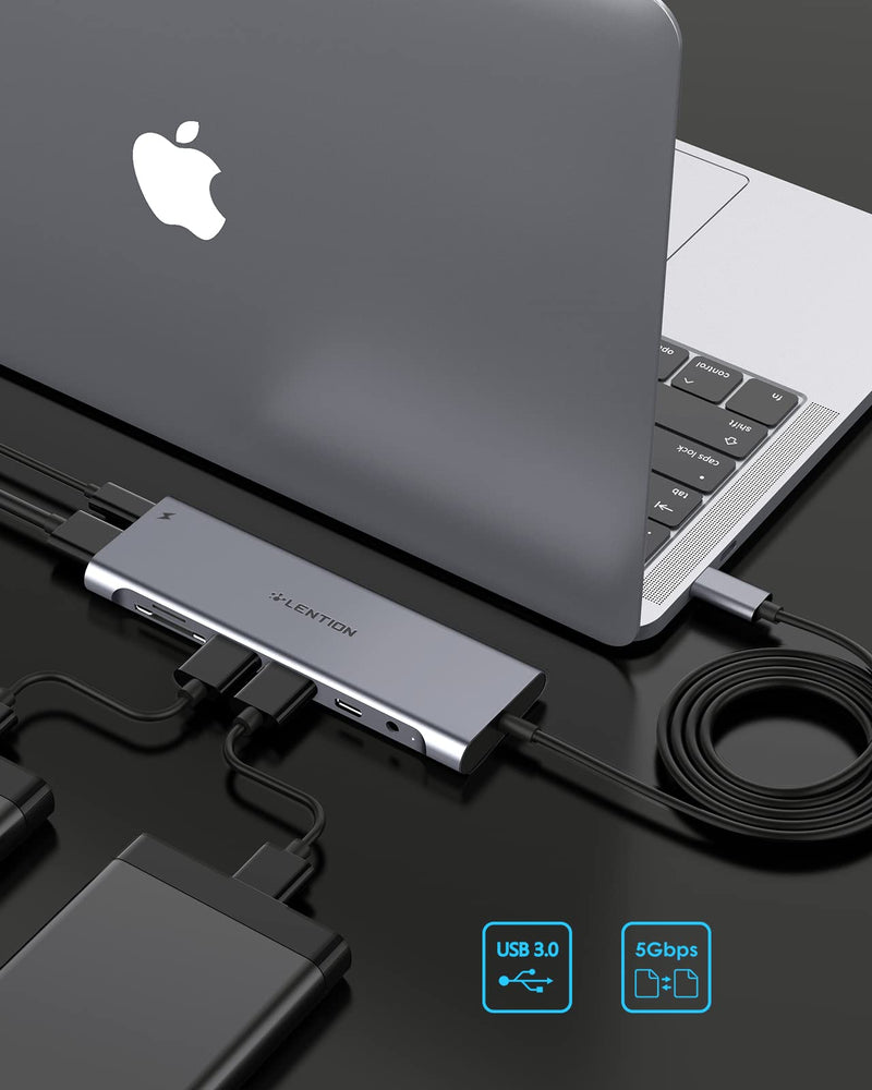 LENTION 3.3FT Long Cable USB C Hub with 4K HDMI, 2 USB 3.0, Card Reader, Aux, Type C Data/Charging Compatible 2022-2016 MacBook Pro, Mac Air/Surface, More, Stable Driver Adapter (CB-C37, Space Gray)