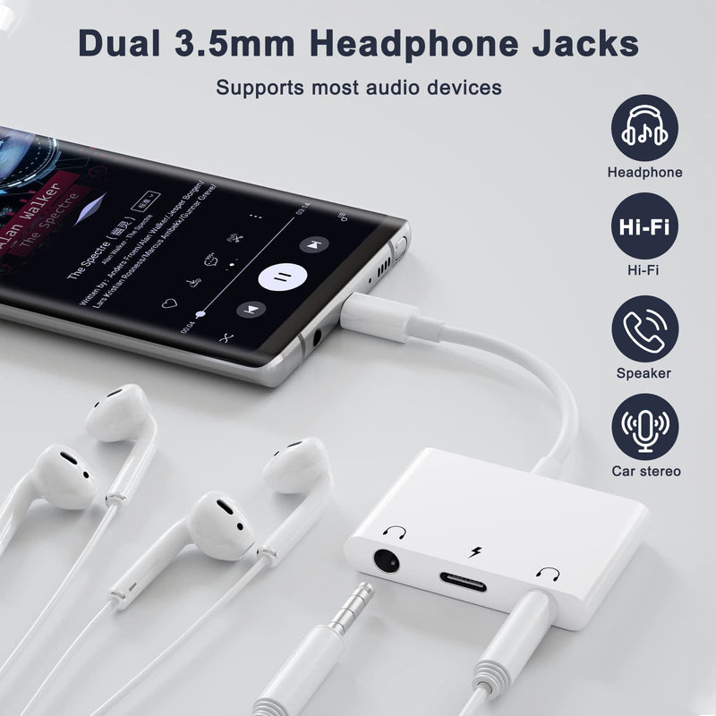 [AUSTRALIA] - USB C to 3.5mm Audio Adapter, 3 in 1 Aux to USB C Headphone Splitter Dual 3.5mm Audio Jack and PD 60W Fast Charging, Compatible for iPad Pro,Galaxy S22 S21/Note 20,Pixel 4 3 XL,Huawei,etc White 
