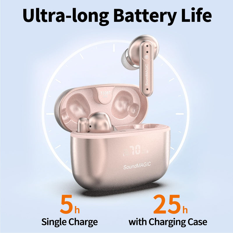SoundMAGIC T80BT True Wireless Earbuds, Hybrid ANC, HiFi, Clear Calls, Pink | Comfortable noise reduction, Rich layered stereo, Pressure-free wear, 25hr battery, IPX5 waterproof, Seamless dual pairing