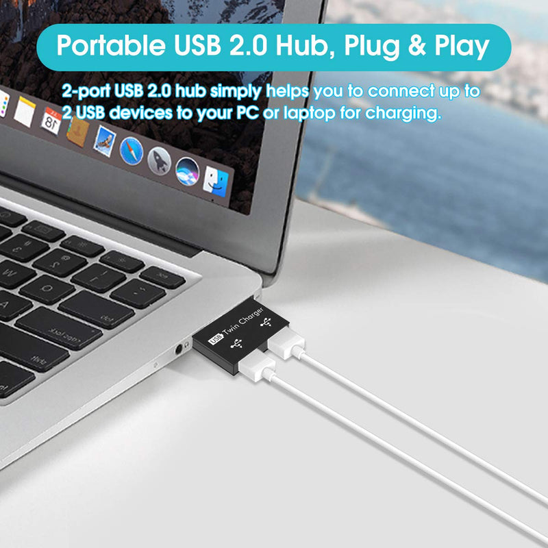USB2.0 Hub 2-Port, Portable 2-Port USB Hub USB Twin Adapter Male to Dual USB Female Adapter for Laptops Desktops, Only Use for Charging(Black) Black