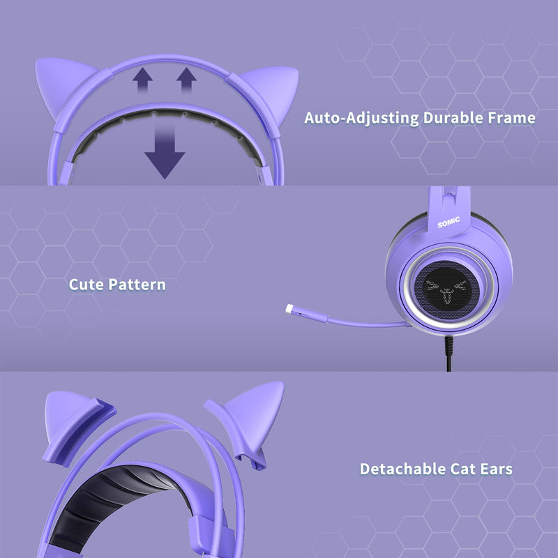 [AUSTRALIA] - SOMIC G951S Purple Stereo Gaming Headset with Mic for PS4, PS5, Xbox One, PC, Phone, Detachable Cat Ear 3.5MM Noise Reduction Headphones Computer Gaming Headphone Self-Adjusting Gamer Headsets 