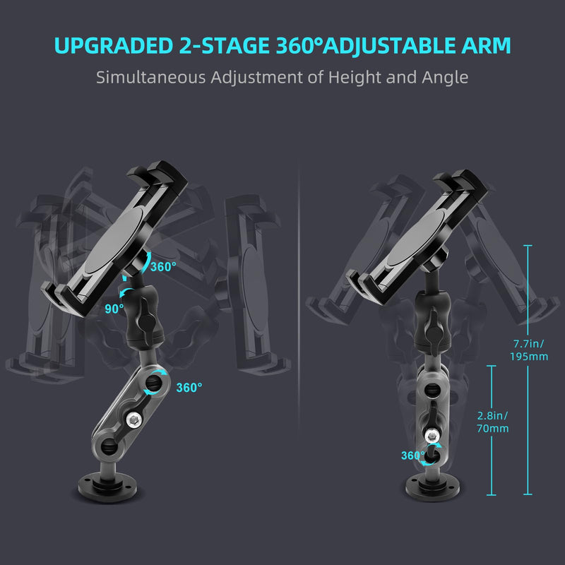 Aluminum Heavy Duty Drill Base Tablet Holder Car Mount Dashboard, 360° Adjustable 2-Stage Stand for 4.7-12.9" iPad Pro/Air/Mini/Samsung Galaxy Tab, for Car Truck Wall Desk Commercial Vehicle